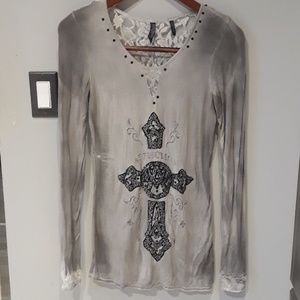 Affliction cross and lace long sleeve shirt